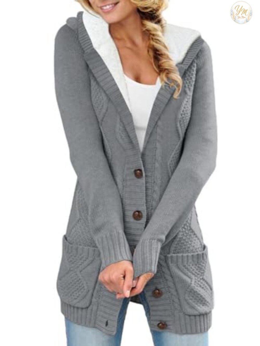 Women's Cable Knit Fleece Lined Hooded Cardigan Sweater Long Sleeve Winter